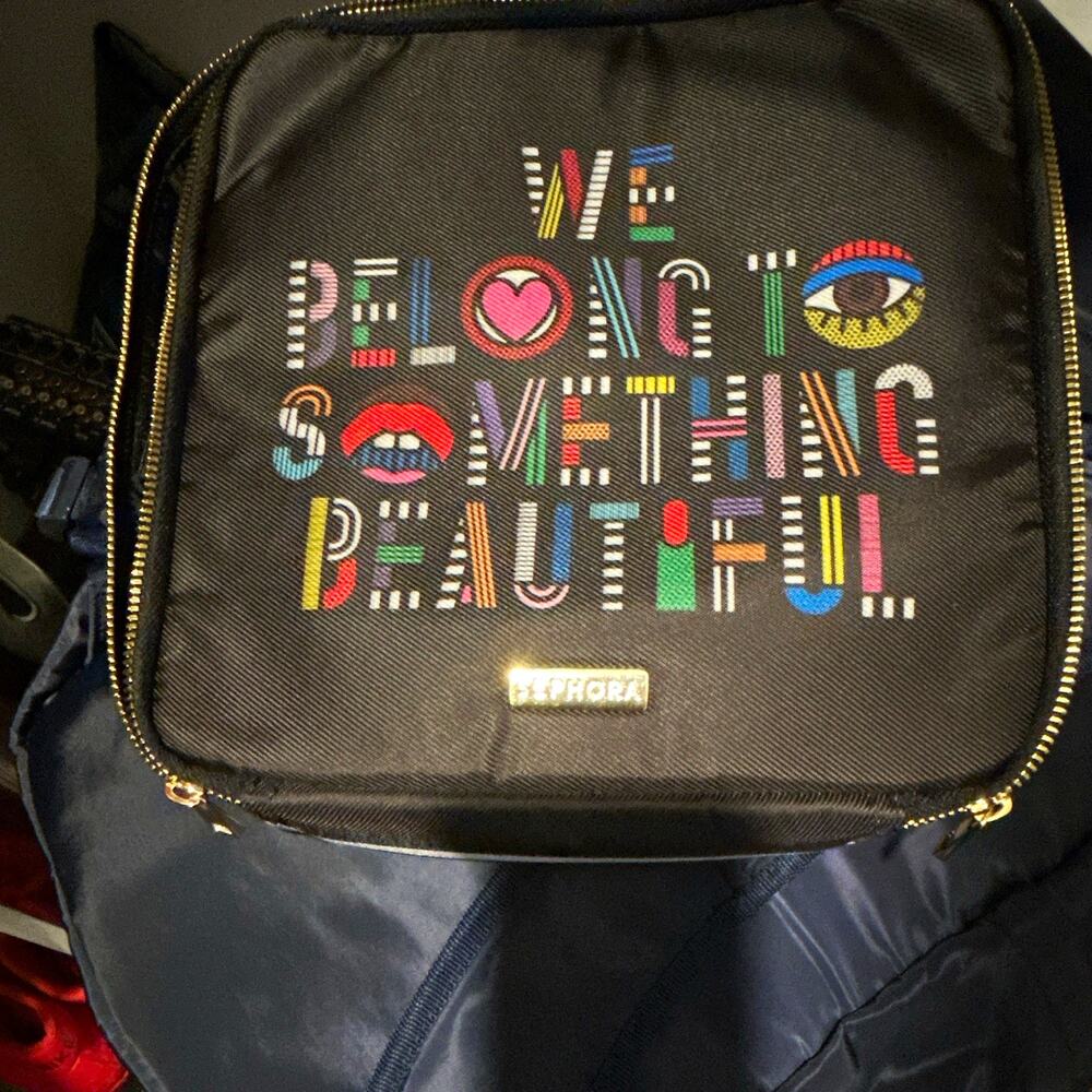 Sephora Makeup Bag Black Multicolor Stripe Bottom Zipper Case with Compartments